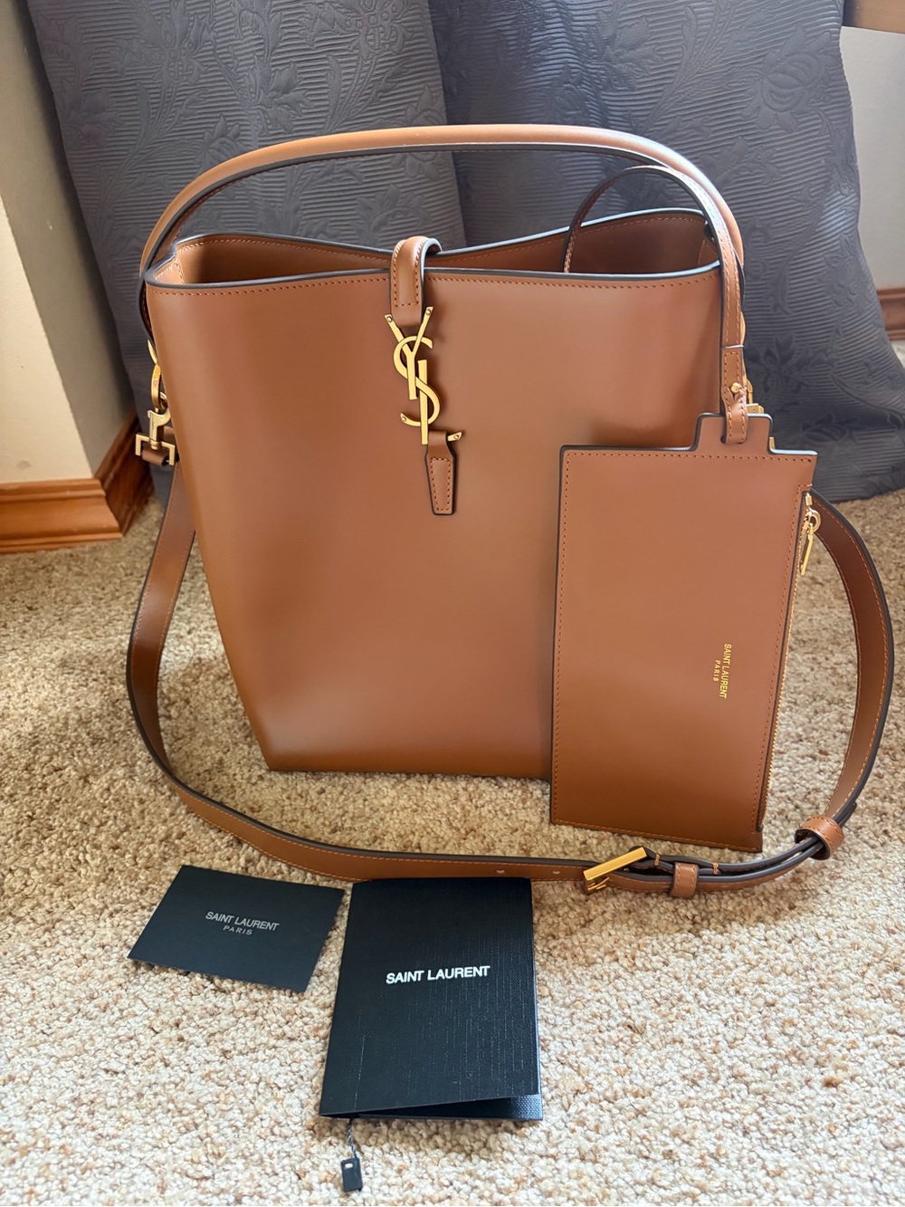 Tan Leather Bucket Bag with Gold Hardware